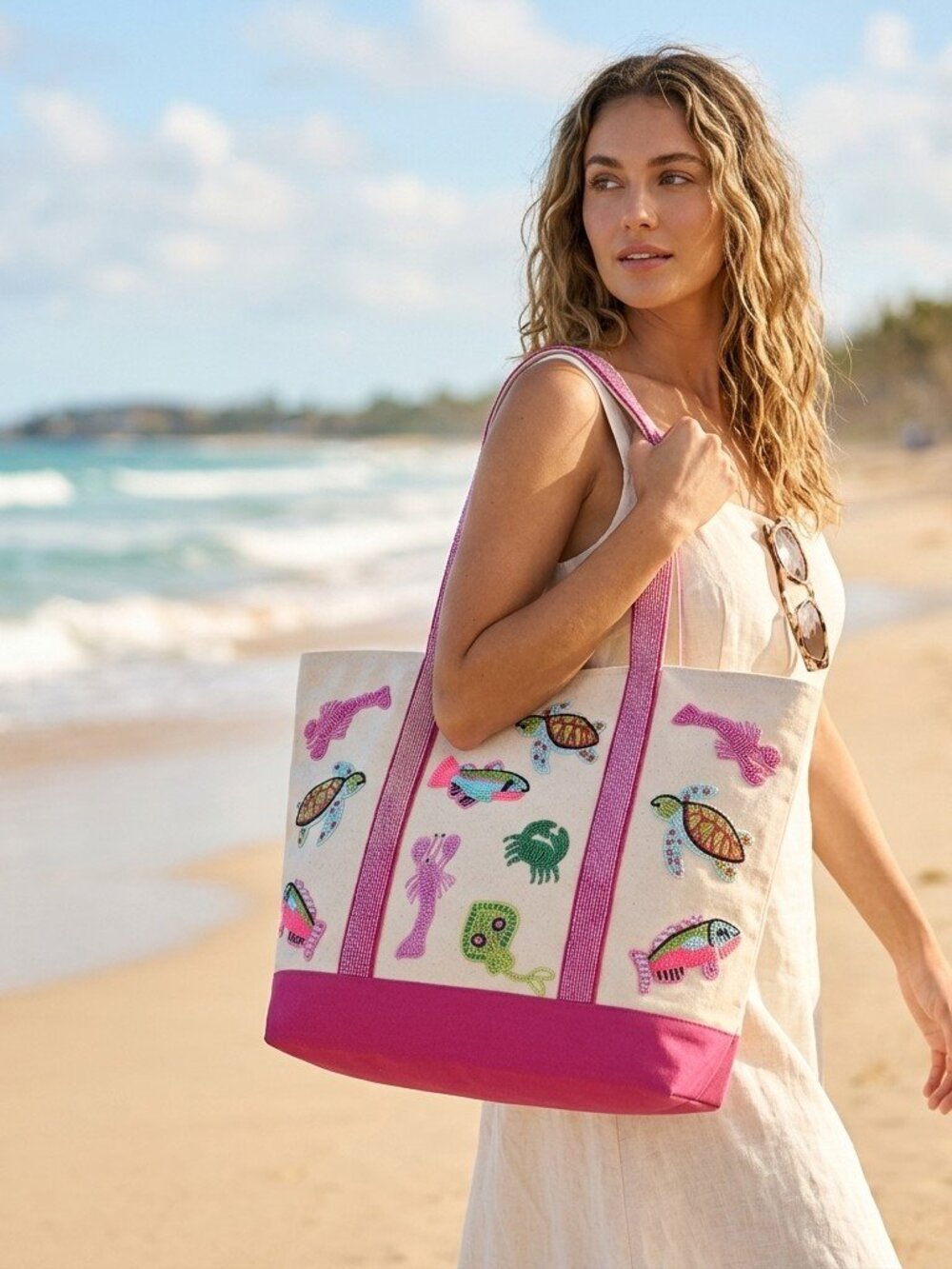 America & Beyond Pink Turtle Handbeaded  Beach Tote